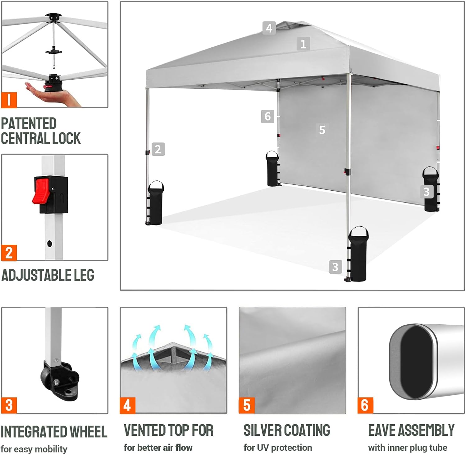 CROWN SHADES 10x10 Pop Up Canopy with 1 Side Wall - Beach Tent with One Push Setup - Outdoor Sun Shade for Events, Parties, Camping - Gazebo with STO-N-Go Cover Bag (White) - Image 3