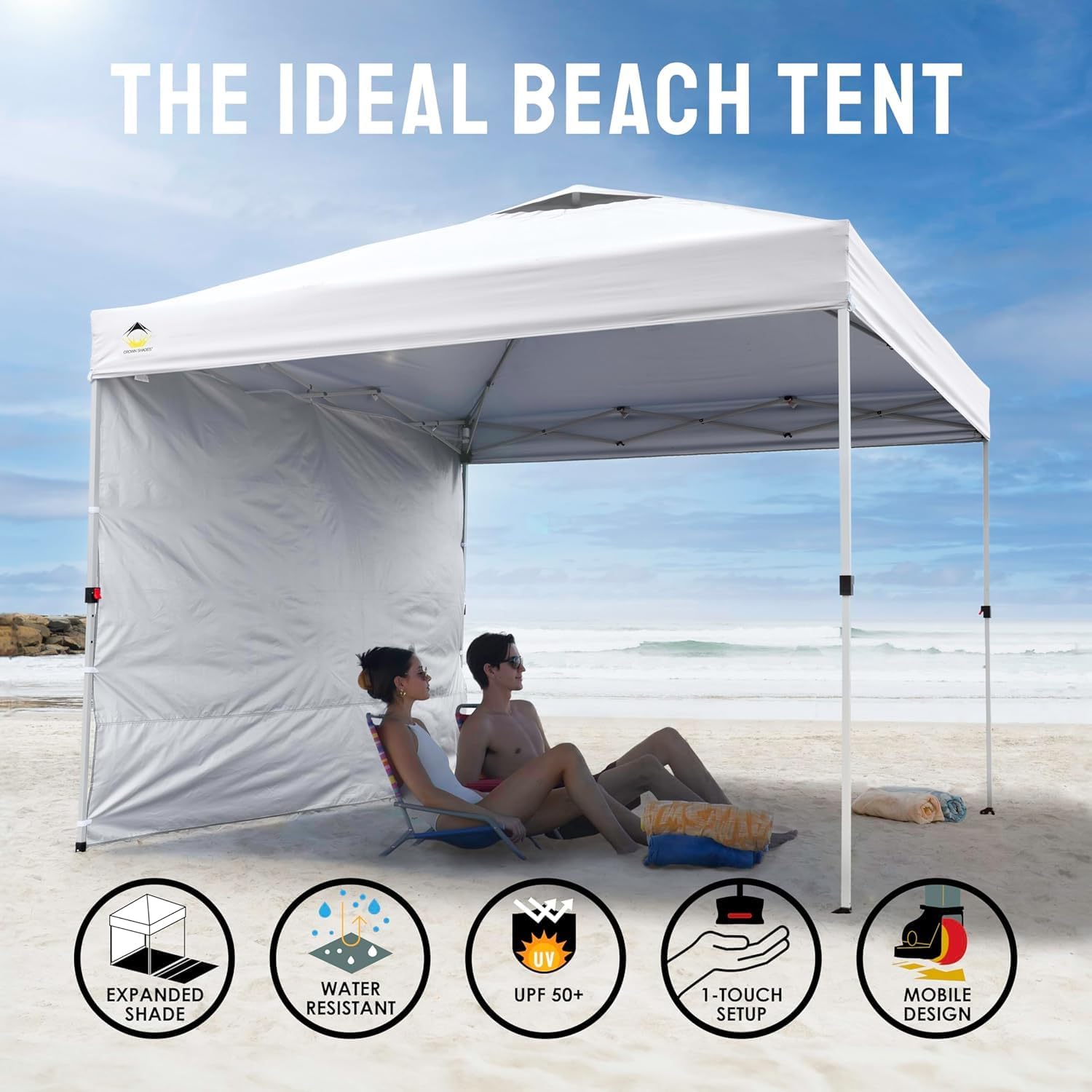 CROWN SHADES 10x10 Pop Up Canopy with 1 Side Wall - Beach Tent with One Push Setup - Outdoor Sun Shade for Events, Parties, Camping - Gazebo with STO-N-Go Cover Bag (White) - Image 4