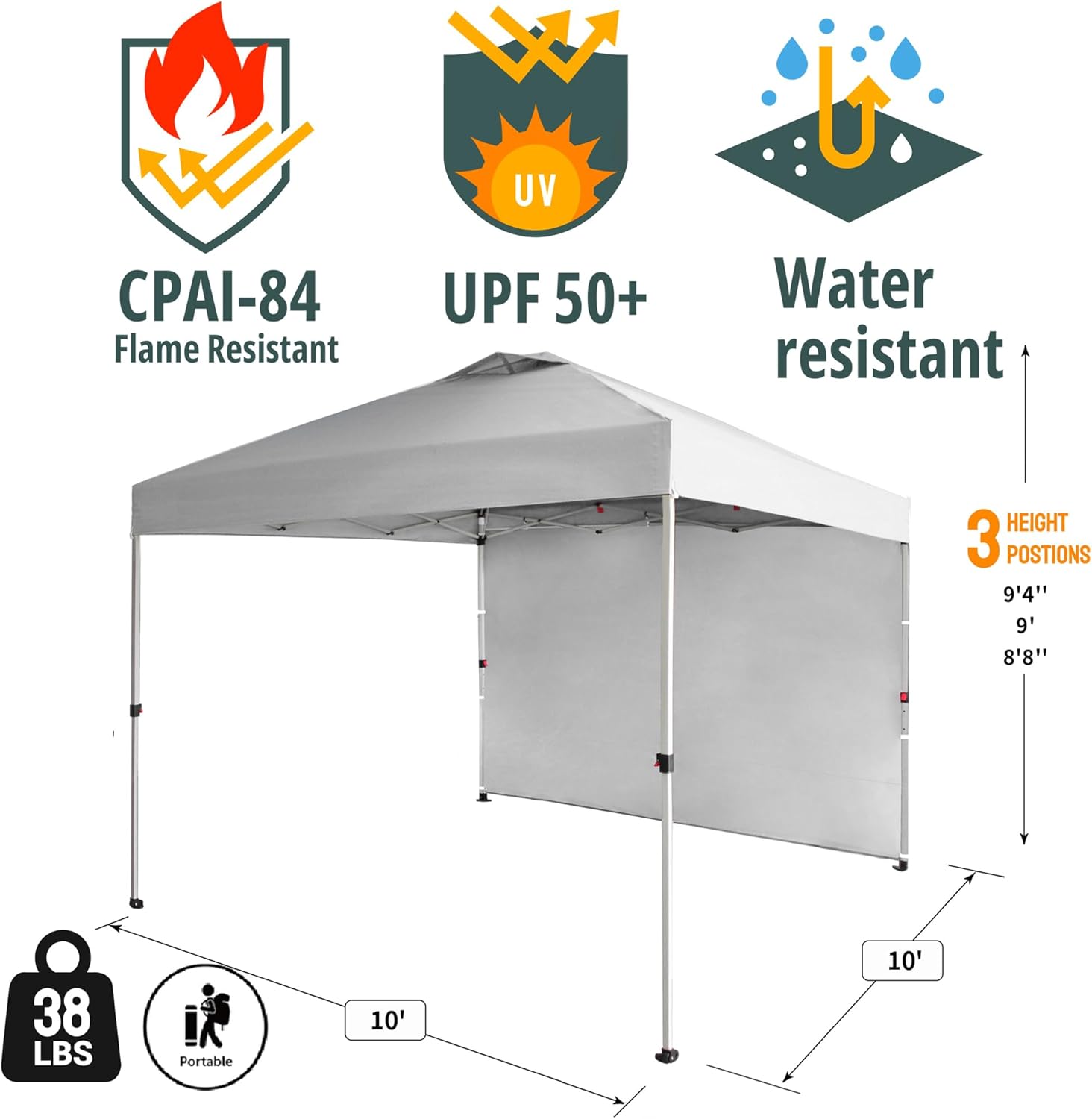 CROWN SHADES 10x10 Pop Up Canopy with 1 Side Wall - Beach Tent with One Push Setup - Outdoor Sun Shade for Events, Parties, Camping - Gazebo with STO-N-Go Cover Bag (White) - Image 5
