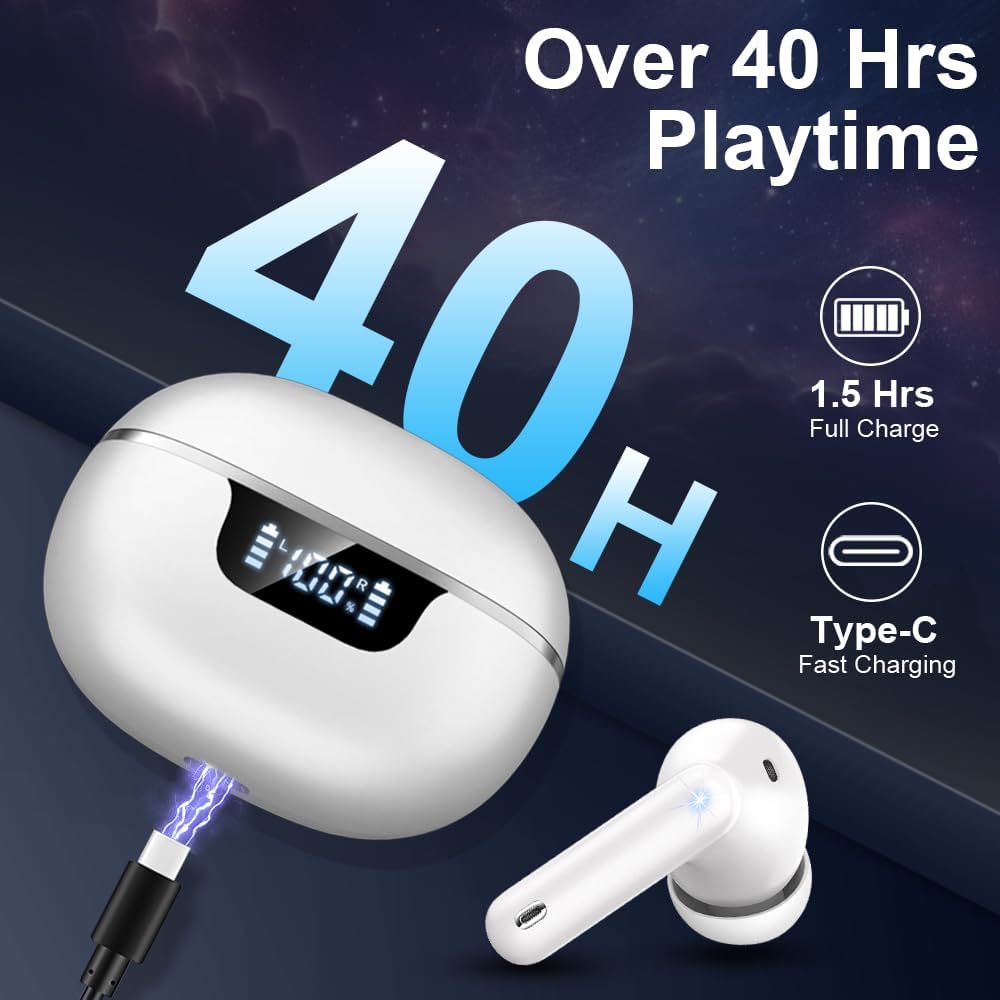 Earbuds Wireless Bluetooth 5.4 Headphones Noise Cancelling, 40H Playtime Bluetooth Ear bud with Dynamic Drivers Stereo, Earphone Wireless Bluetooth Headset with LED Power Display for Laptop Pad Phones - Image 4
