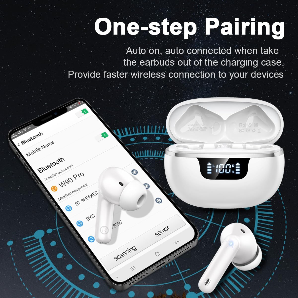 Earbuds Wireless Bluetooth 5.4 Headphones Noise Cancelling, 40H Playtime Bluetooth Ear bud with Dynamic Drivers Stereo, Earphone Wireless Bluetooth Headset with LED Power Display for Laptop Pad Phones - Image 5