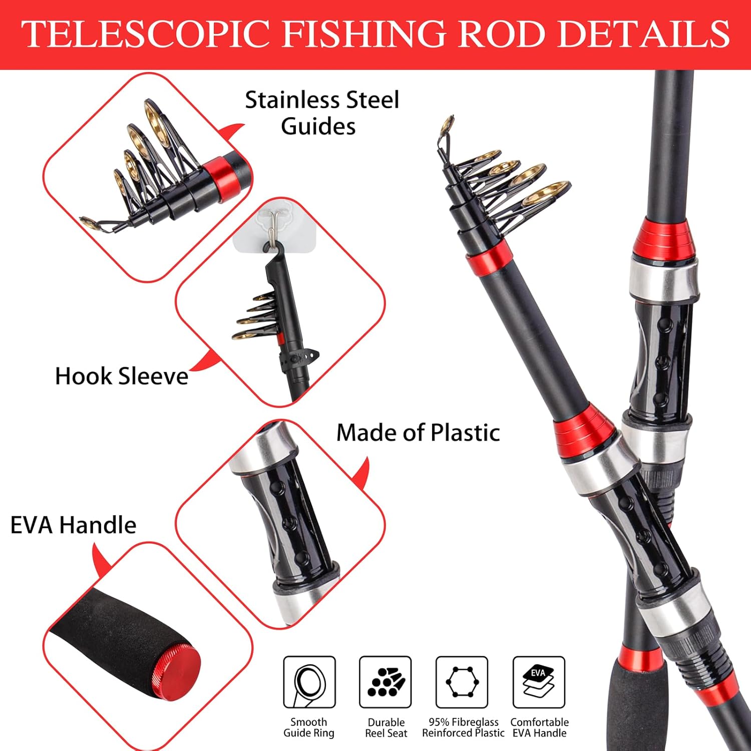 I00000 Fishing Rod and Reel Combos with Fiberglass Telescopic Fishing Pole - Spinning Reel Fishing Carrier Bag, Freshwater and Saltwater Fishing Rod Kit,Travel Fishing Kit for Bass Trout - Image 2