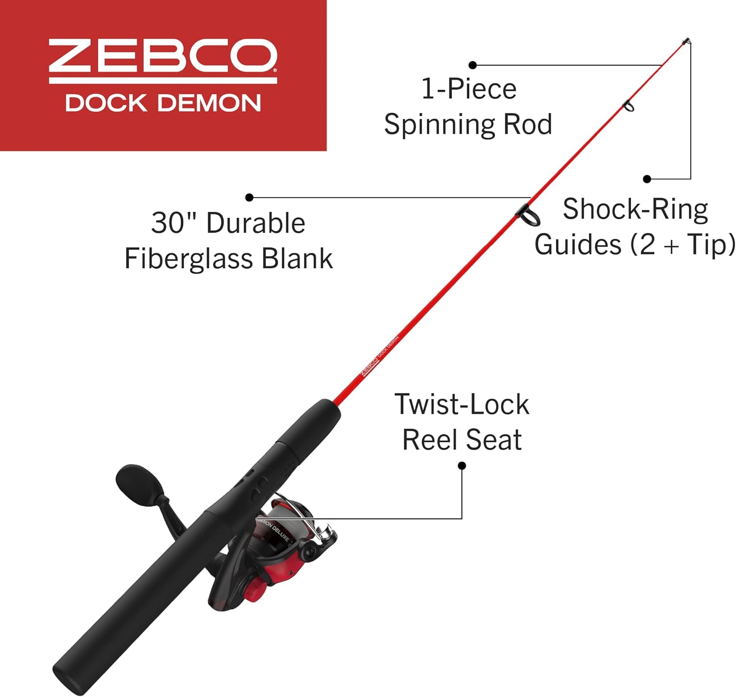 Zebco Dock Demon Spinning Reel or Spincast Reel and Fishing Rod Combo, 30-Inch Durable Fiberglass Rod, QuickSet Anti-Reverse Fishing Reel - Image 2
